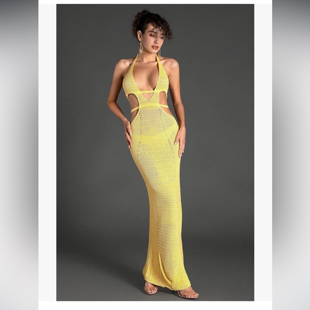 Acmefun Women's Halter Cutout Sheer Open-Back Knit Maxi Dress size small